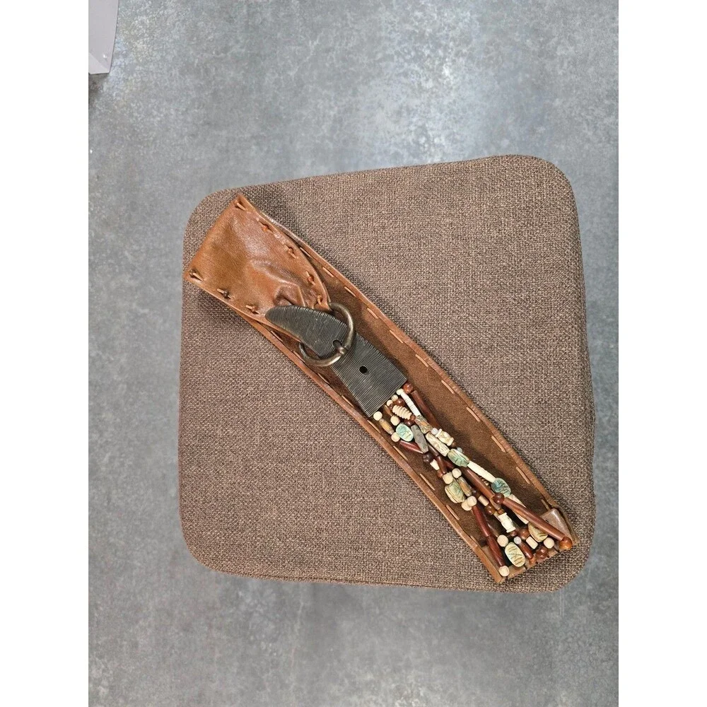 Vintage Suzi Roher Artisan Beaded Leather Statement Belt - Horn Buckle
